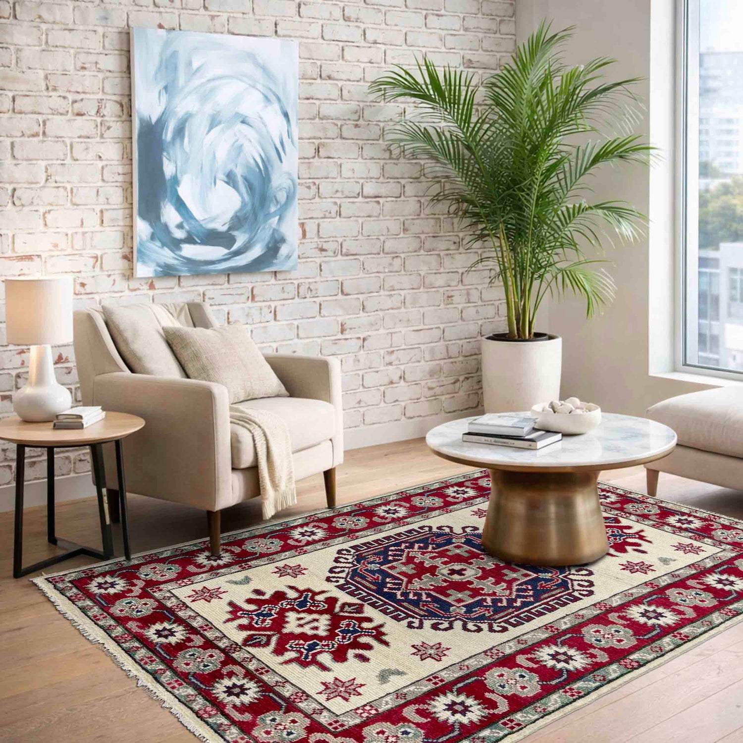 Kazak Rug Handmade Beige Medallion 2x4 ft