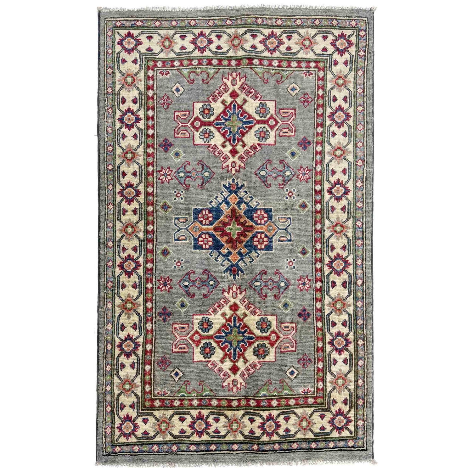 Kazak Rug Handmade Gray Medallion 2x4 ft