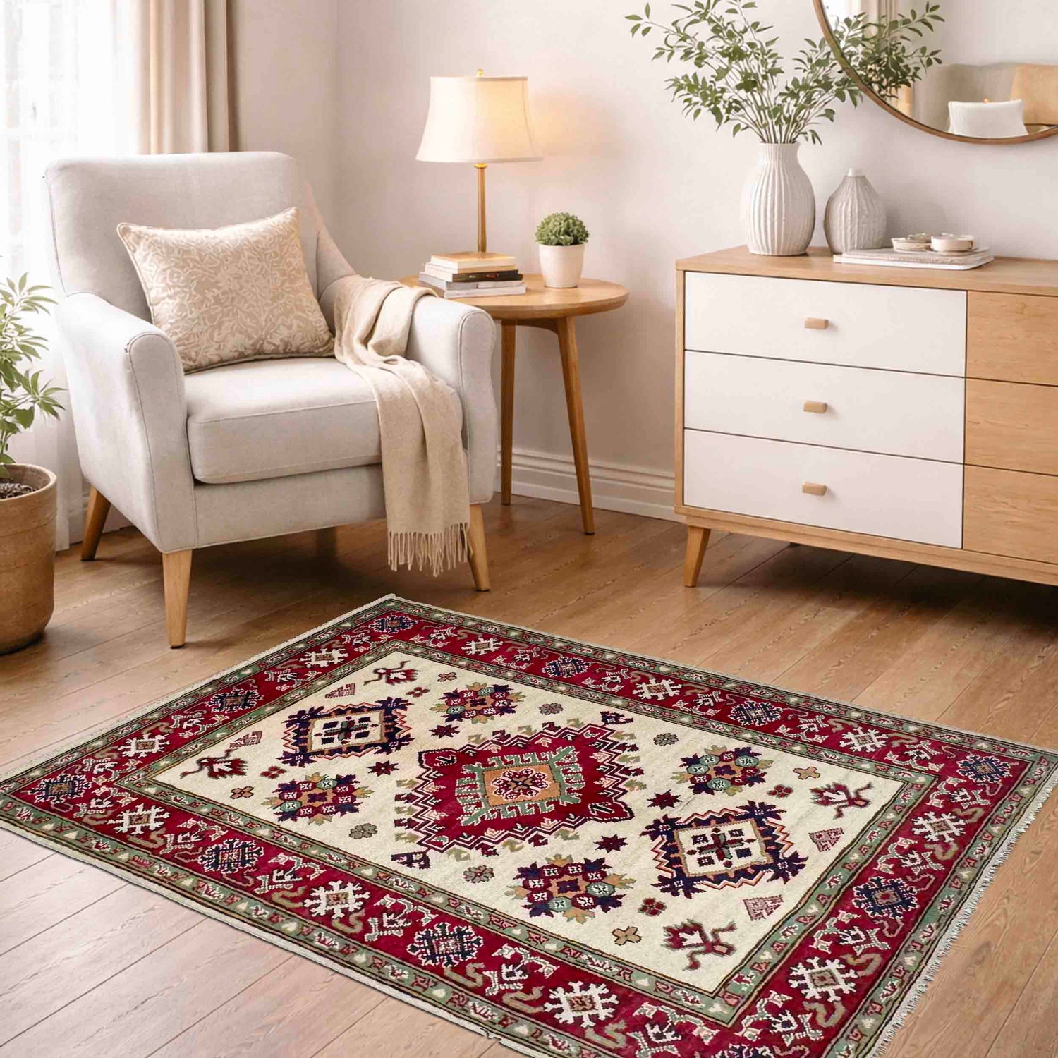 Kazak Rug Handmade Beige Medallion 2x4 ft