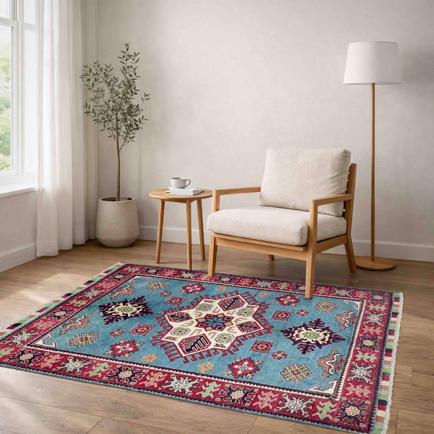 Kazak Rug Handmade Blue Medallion 3x5 ft