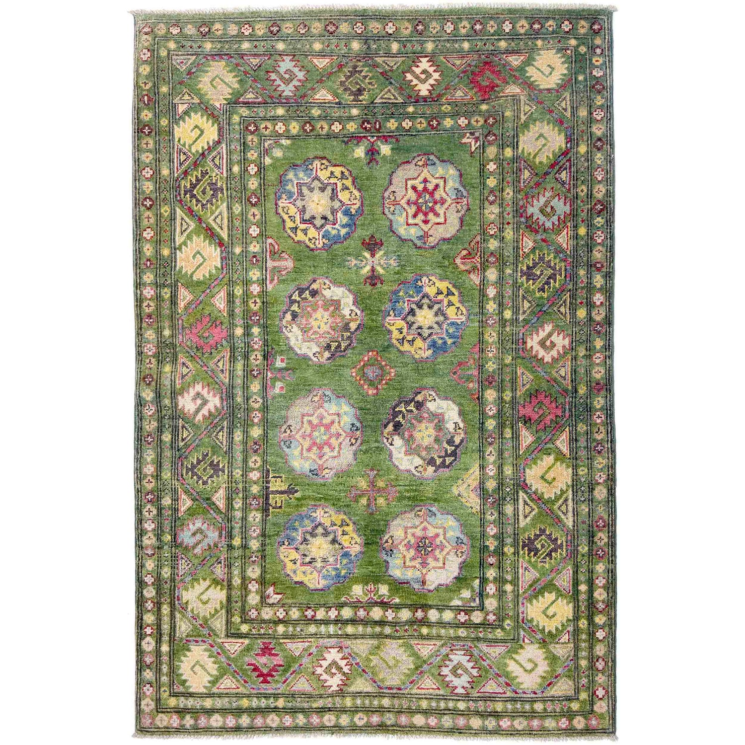 Waziri Area Rug Handmade Green Medallion 4x6 ft