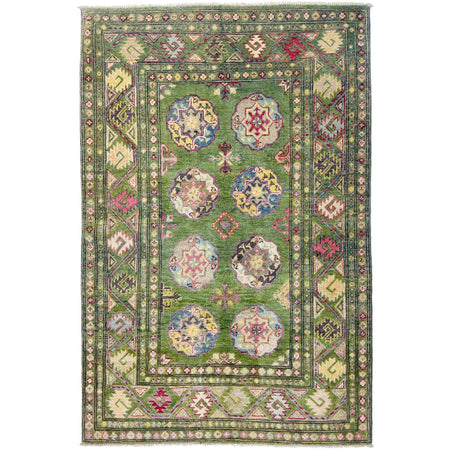 Waziri Area Rug Handmade Green Medallion 4x6 ft
