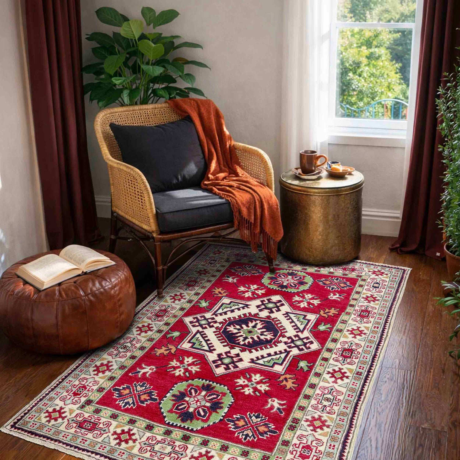 Kazak Rug Handmade Red Medallion 3x5 ft