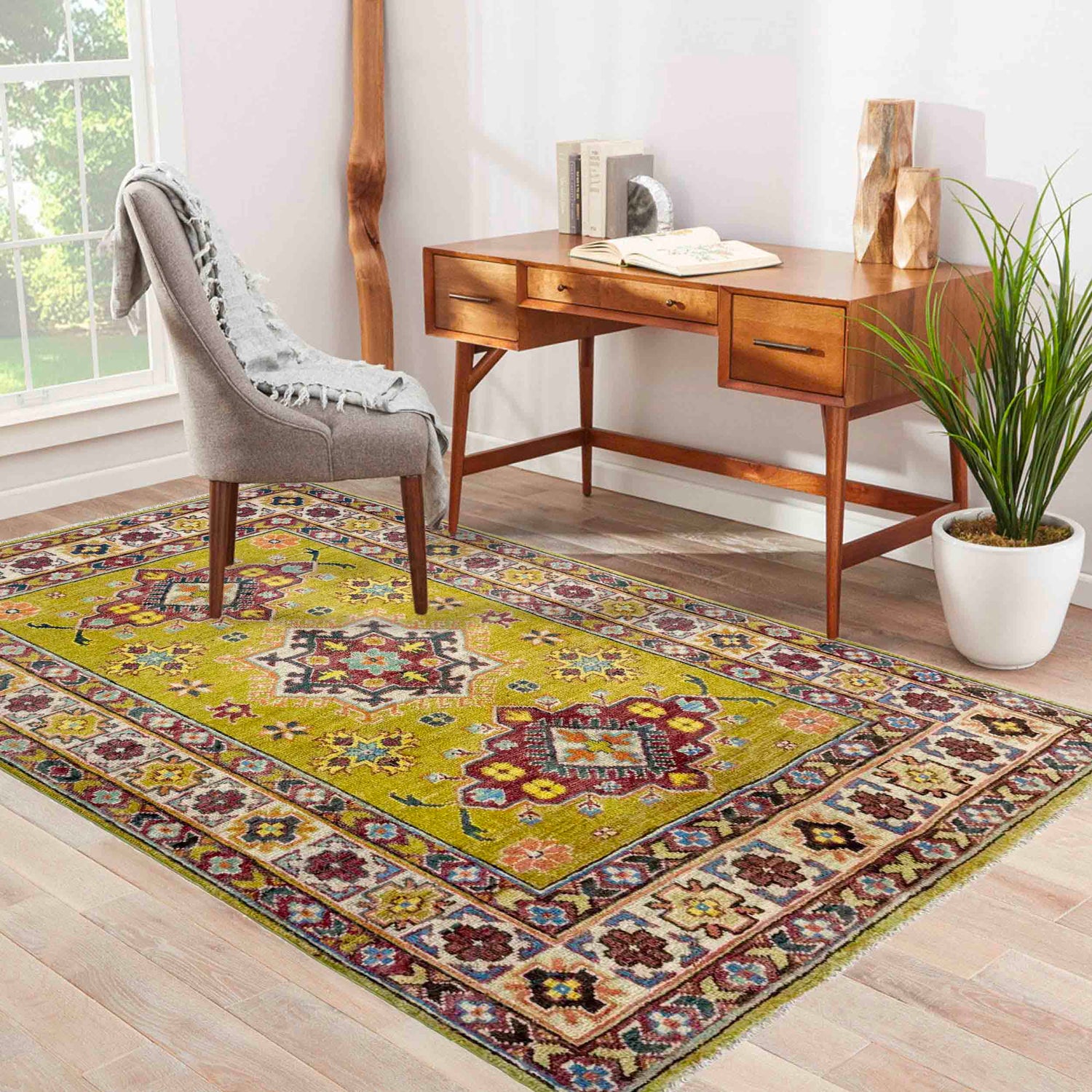 Kazak Rug Handmade Yellow Medallion 3x5 ft