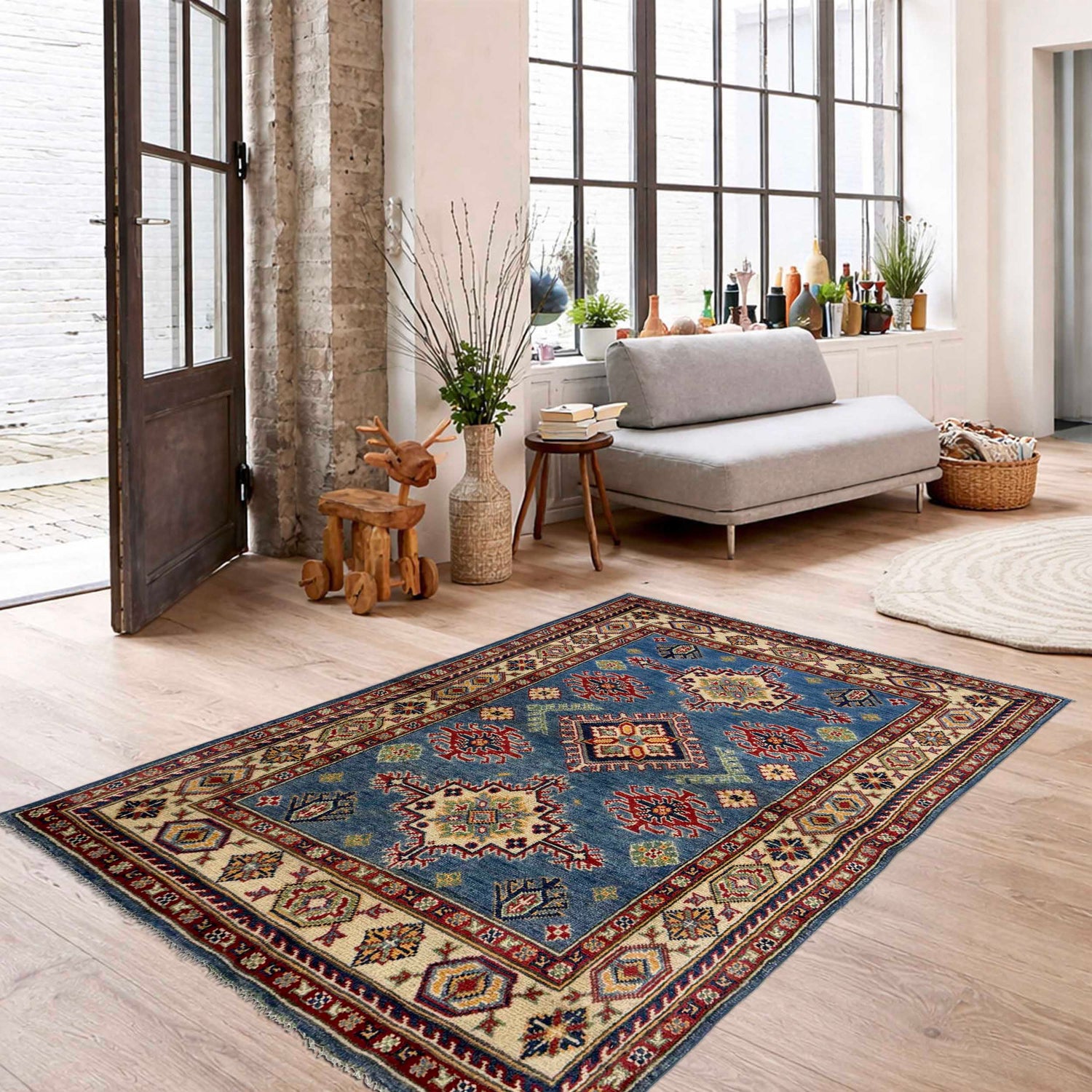 Kazak Rug Handmade Blue Medallion 3x5 ft