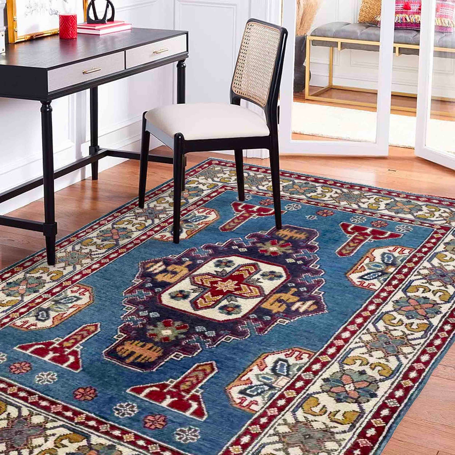 Kazak Rug Handmade Blue Medallion 3x5 ft