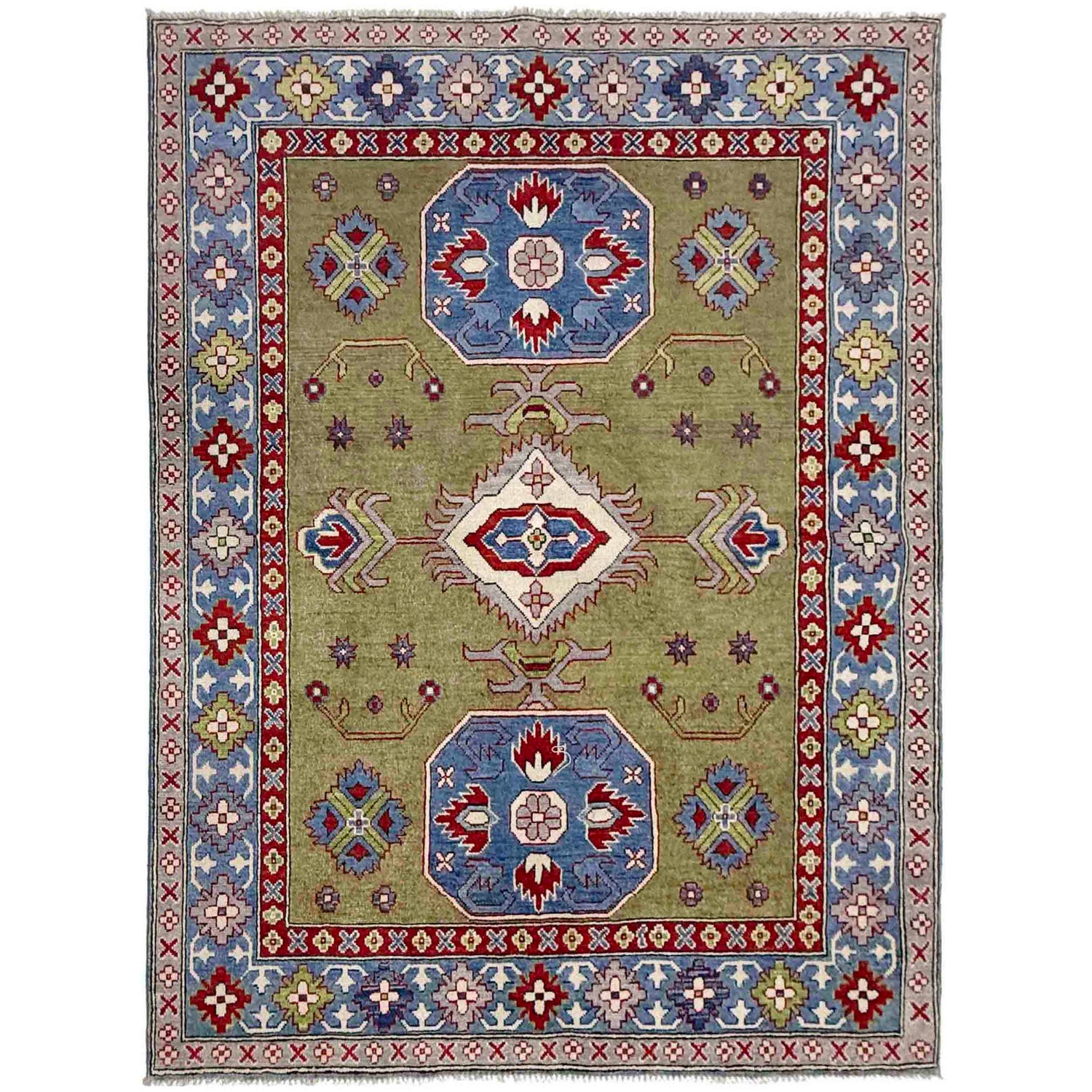 Kazak Rug Handmade Green Medallion 4x7 ft