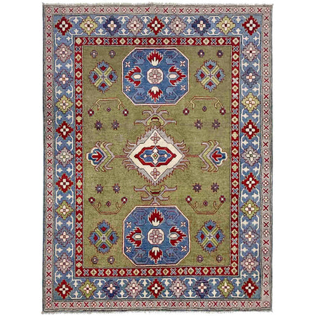Kazak Rug Handmade Green Medallion 4x7 ft