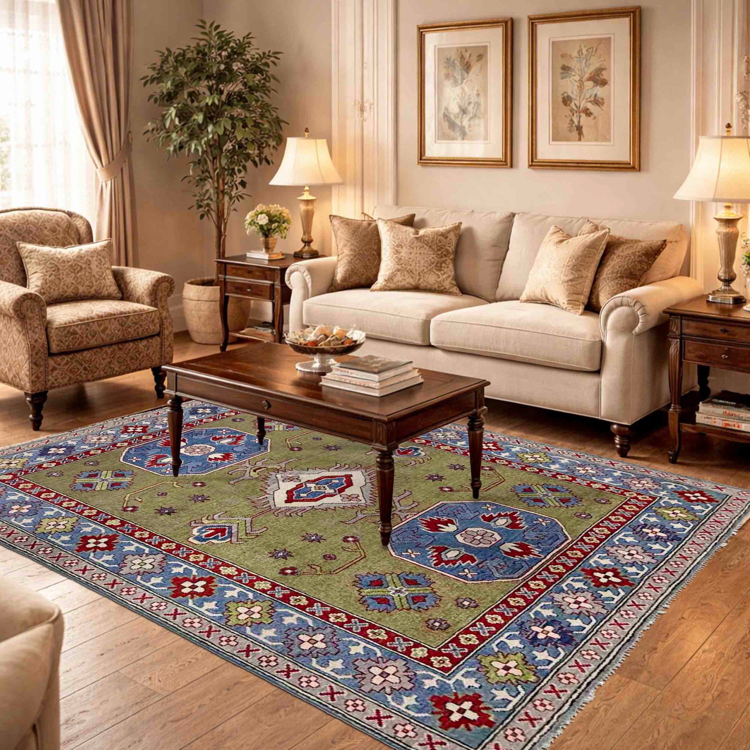 Kazak Rug Handmade Green Medallion 4x7 ft