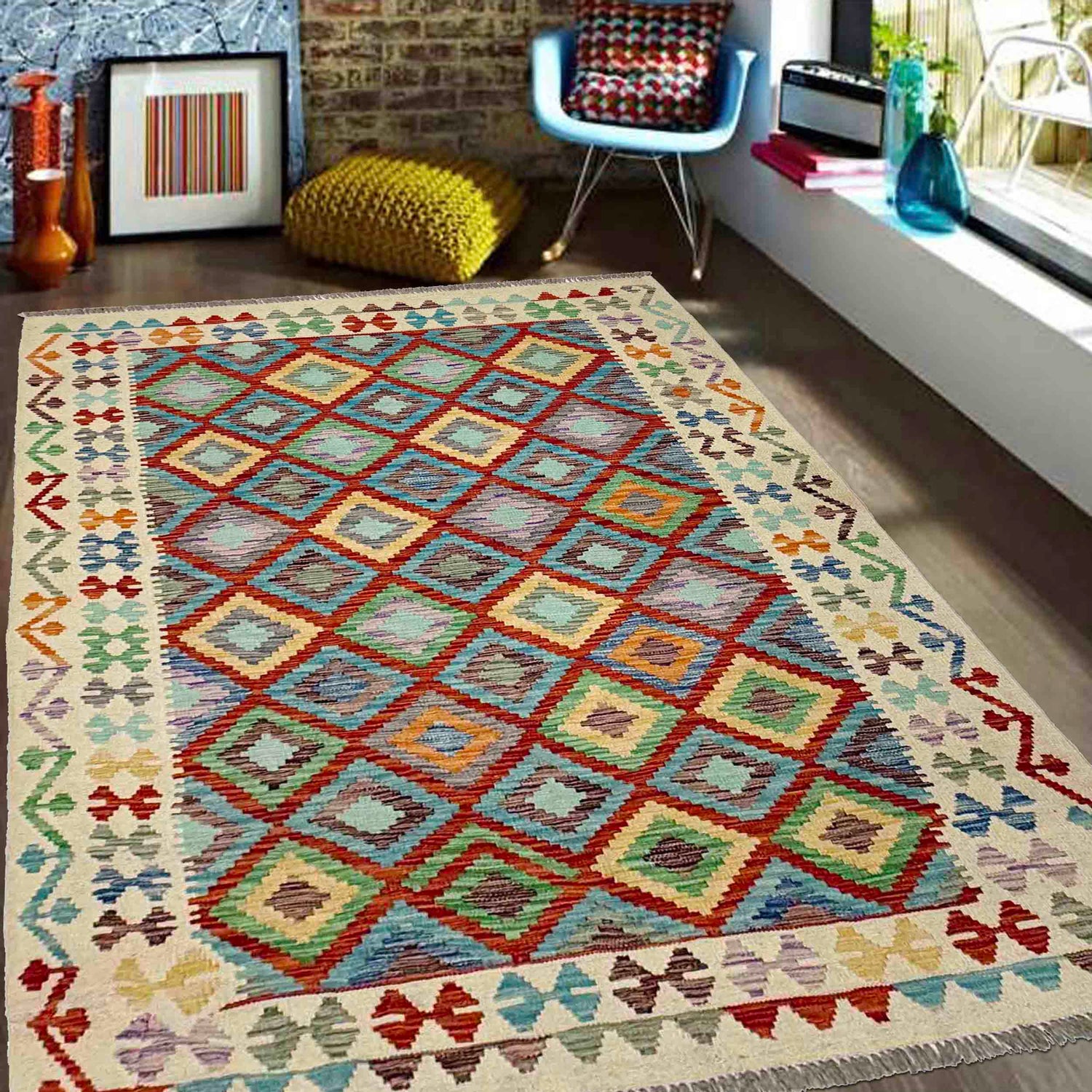Handmade Multi Kilim Geometric 4x7 ft