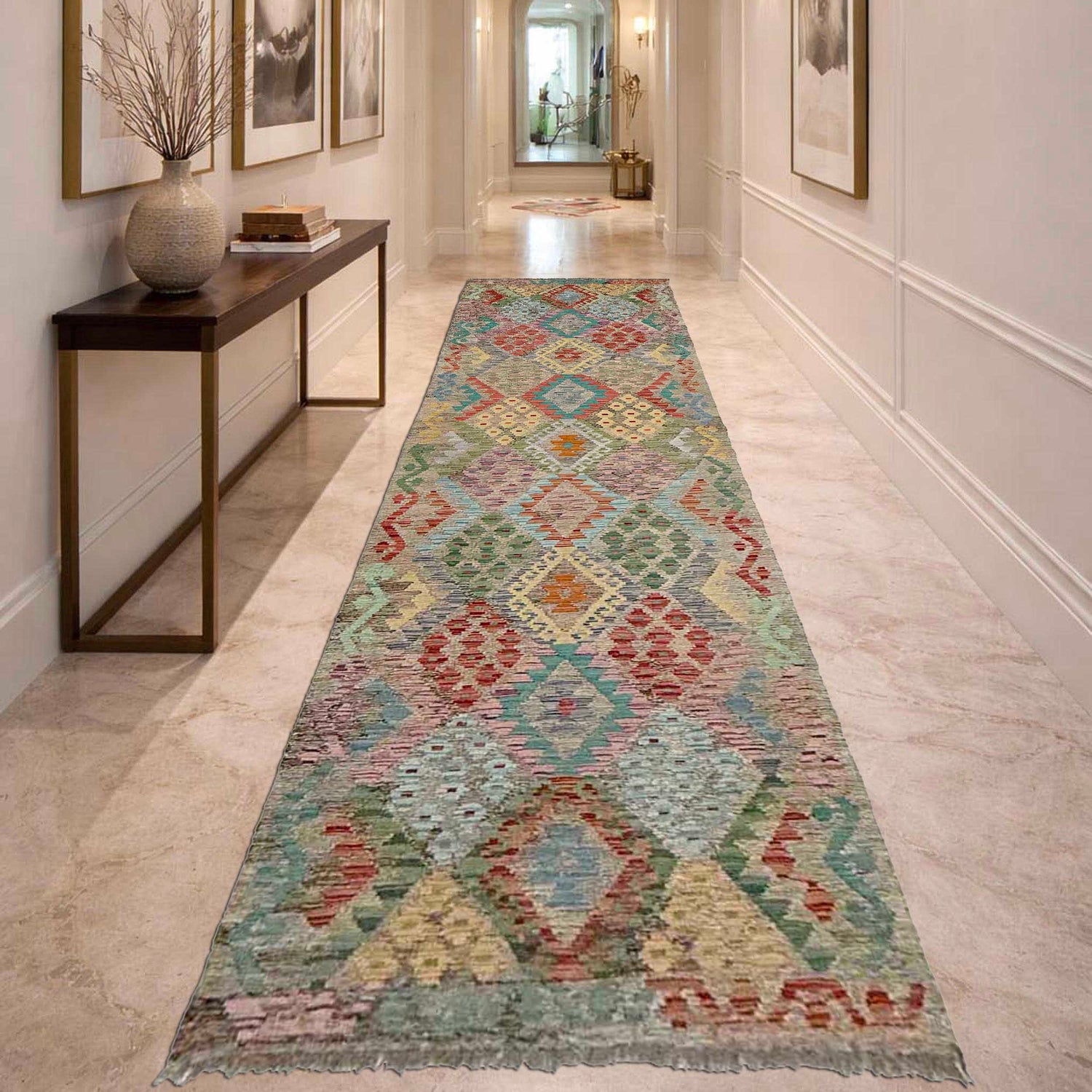 Handmade Multi Kilim Geometric 13' Runner