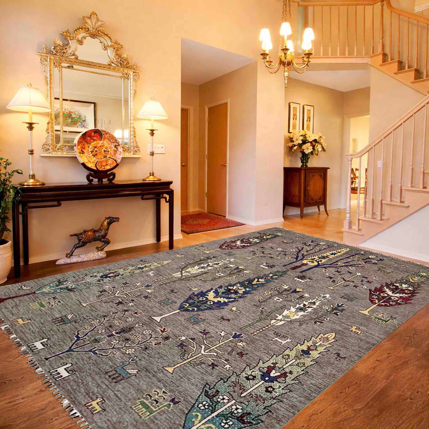 Tree Of Life Area Rug Handmade Gray Floral 5x8 ft