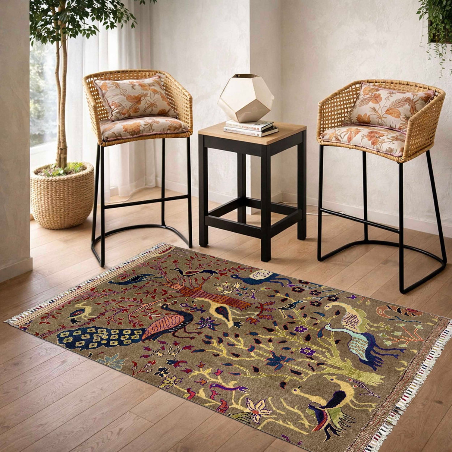 Tree Of Life Area Rug Handmade Brown Floral 3x5 ft