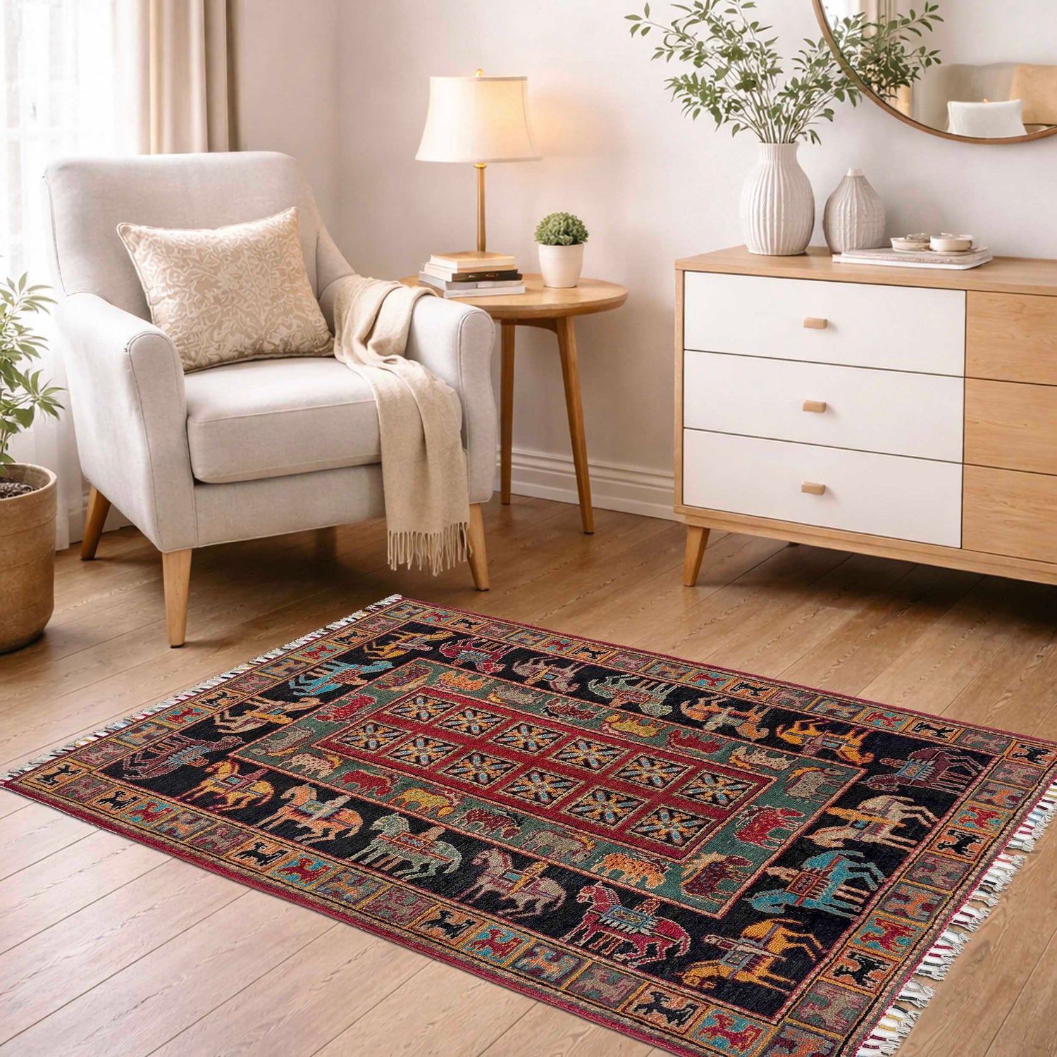 Shikargah Area Rug Handmade Multi Animal/Birds 3x5 ft