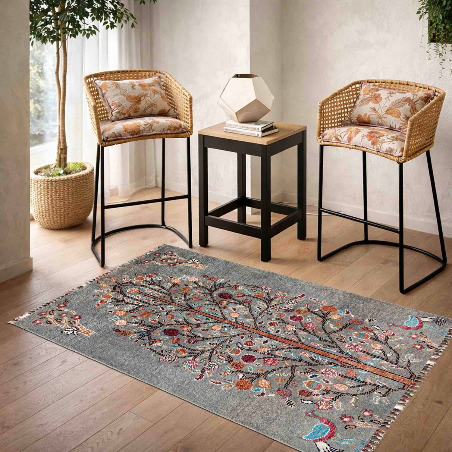 Tree Of Life Area Rug Handmade Gray Floral 3x5 ft