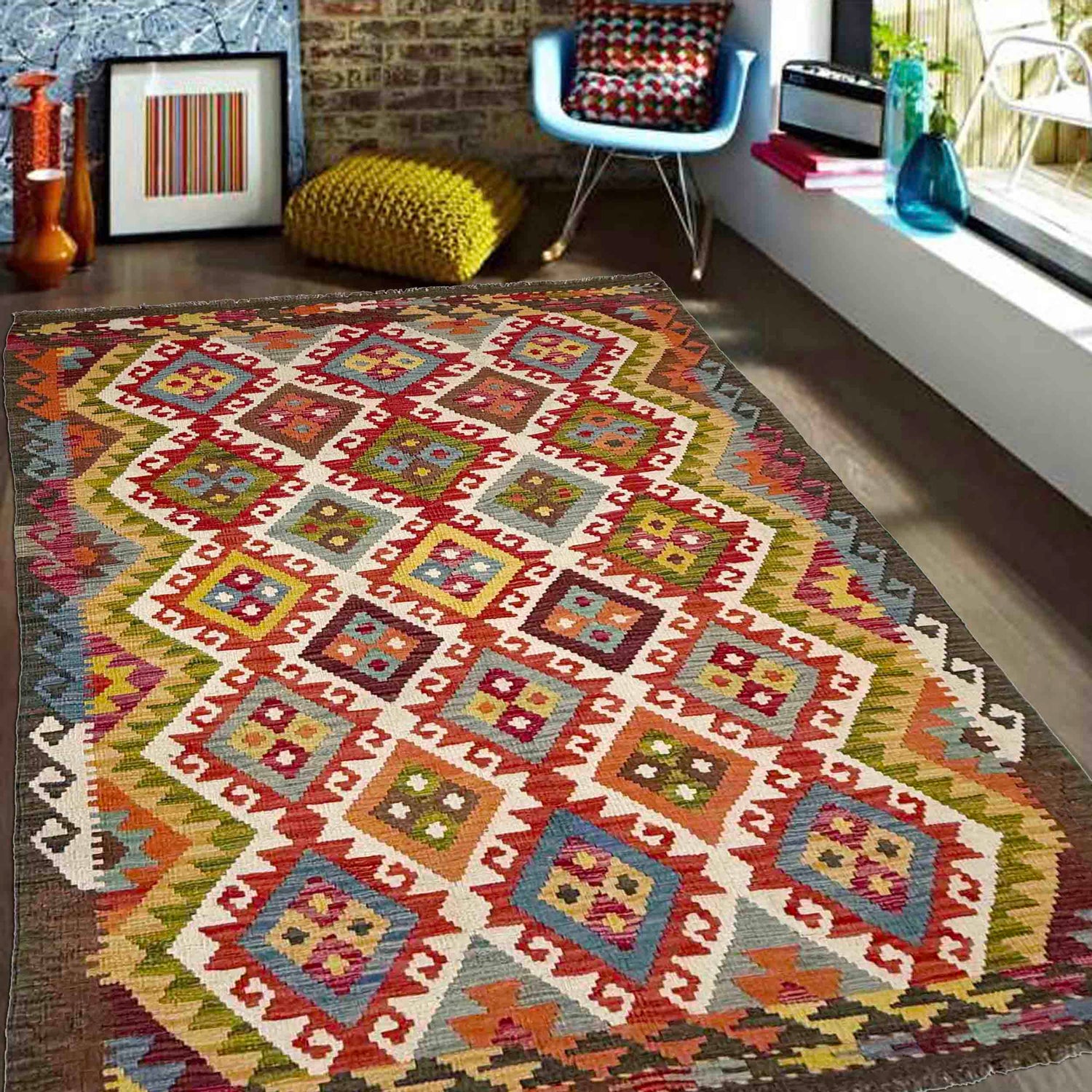 Handmade Multi Kilim Geometric 4x7 ft