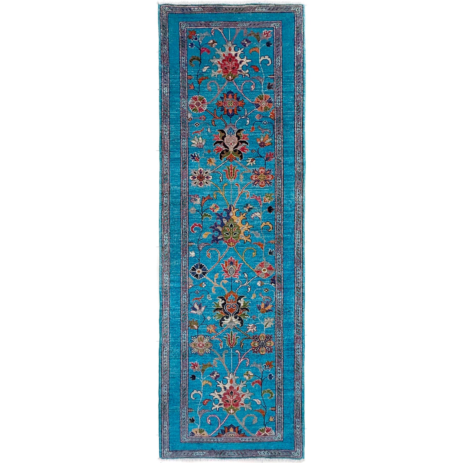Hand-Knotted Blue Floral Sultani Runner – 2' 9" x 9' 4" ft (84 x 284 cm) | SKU: R39637
