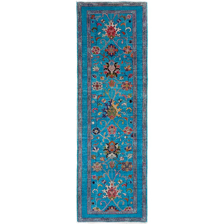 Hand-Knotted Blue Floral Sultani Runner – 2' 9" x 9' 4" ft (84 x 284 cm) | SKU: R39637
