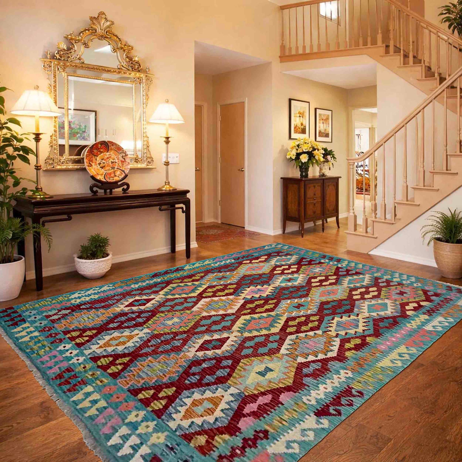 Hand-Knotted Multi Geometric Vegetable Kilim Area Rug – 5' 10" x 8' 0" ft (179 x 244 cm) | SKU: R39656