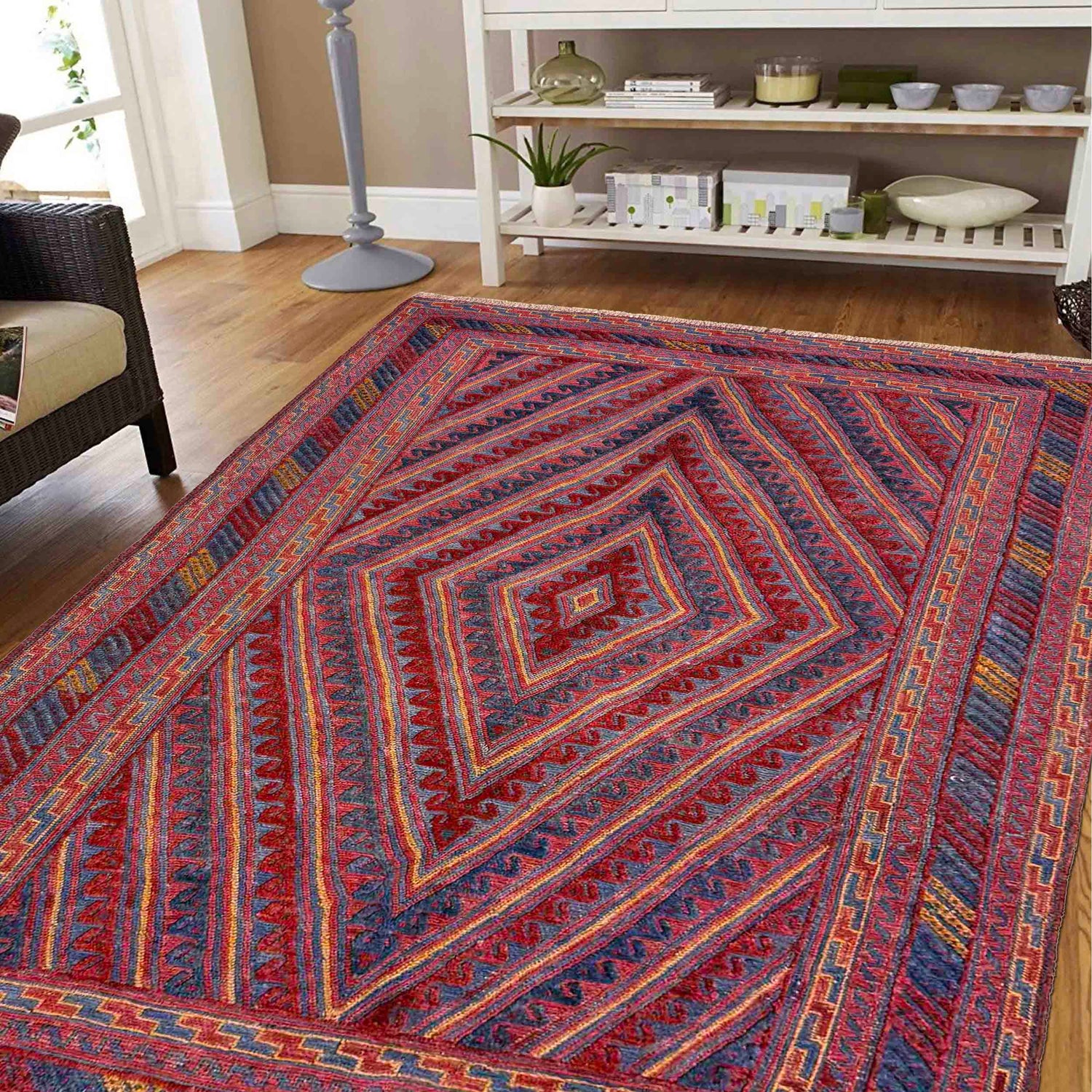 Red Color Mashwani Area Rug – 4' 10" x 5' 11" ft (147 x 180 cm) | SKU: R39734