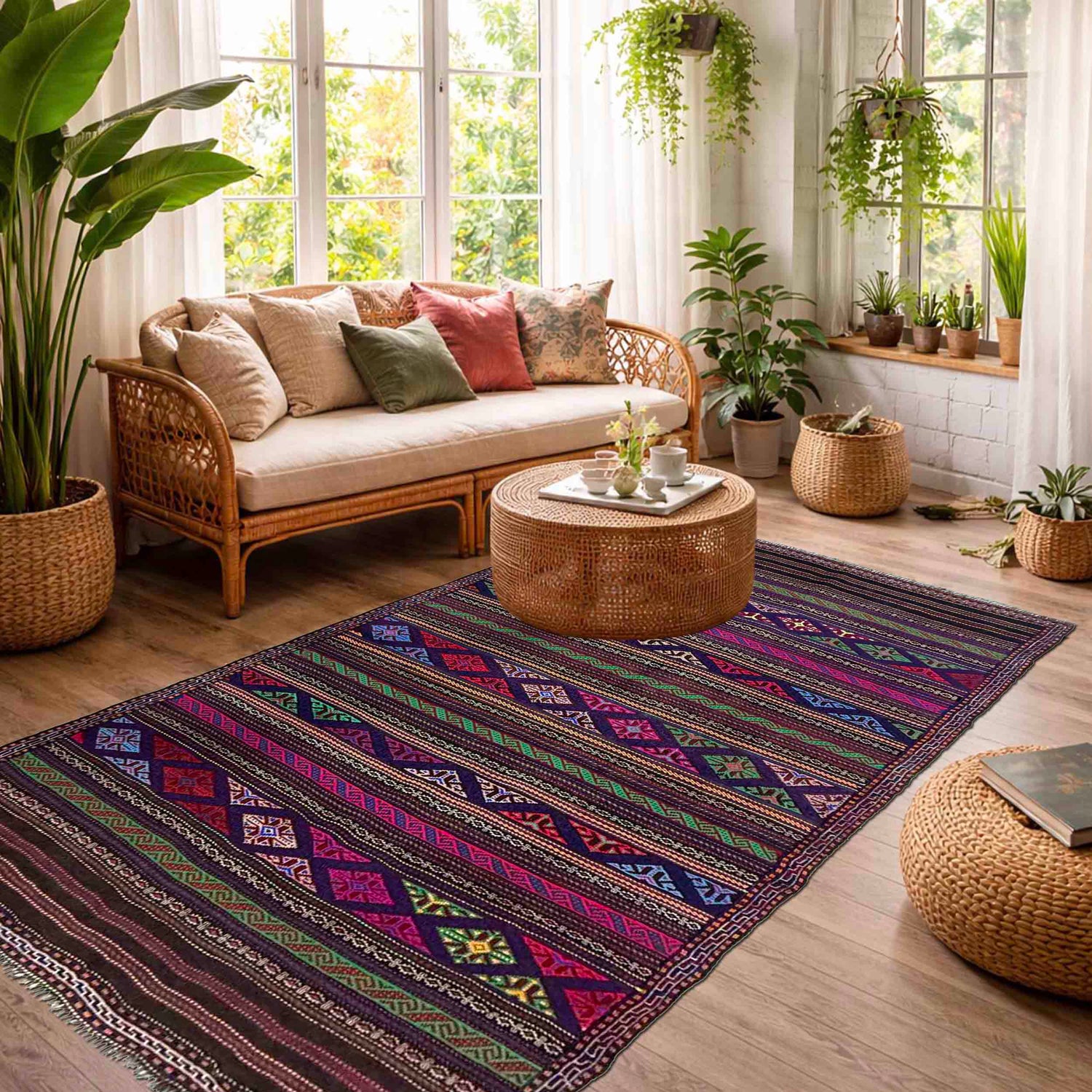 Hand-Knotted Multi Geometric Laghari Kilim Area Rug – 4' 5" x 7' 5" ft (134 x 225 cm) | SKU: R39750