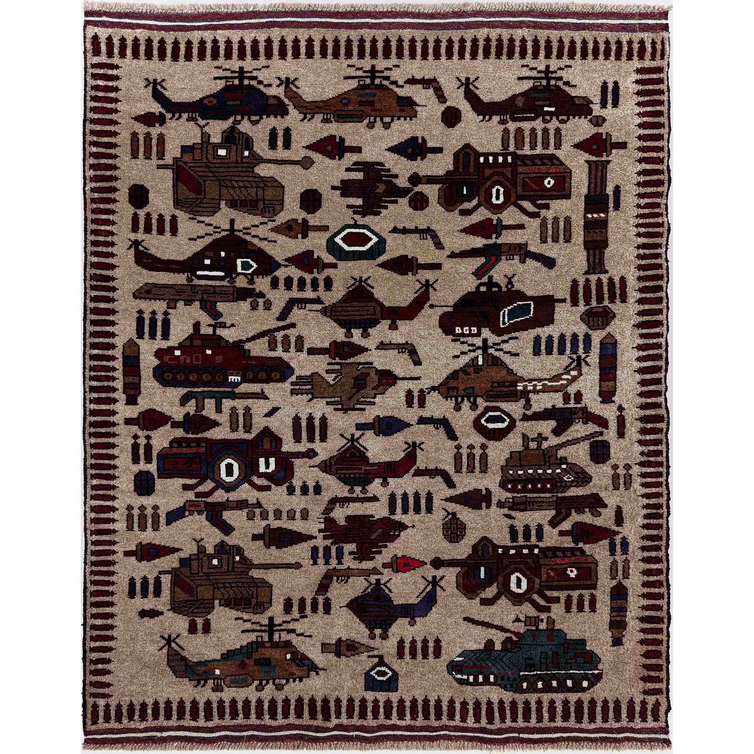 Hand-Knotted Brown Tank + Helicopter War Area Rug – 4' 4" x 5' 8" ft (132 x 173 cm) | SKU: R39754