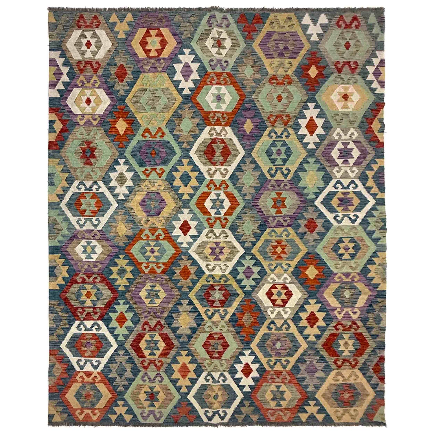Hand-Knotted Multi Geometric Vegetable Kilim Area Rug – 6' 11" x 9' 7" ft (212 x 293 cm) | SKU: R39758