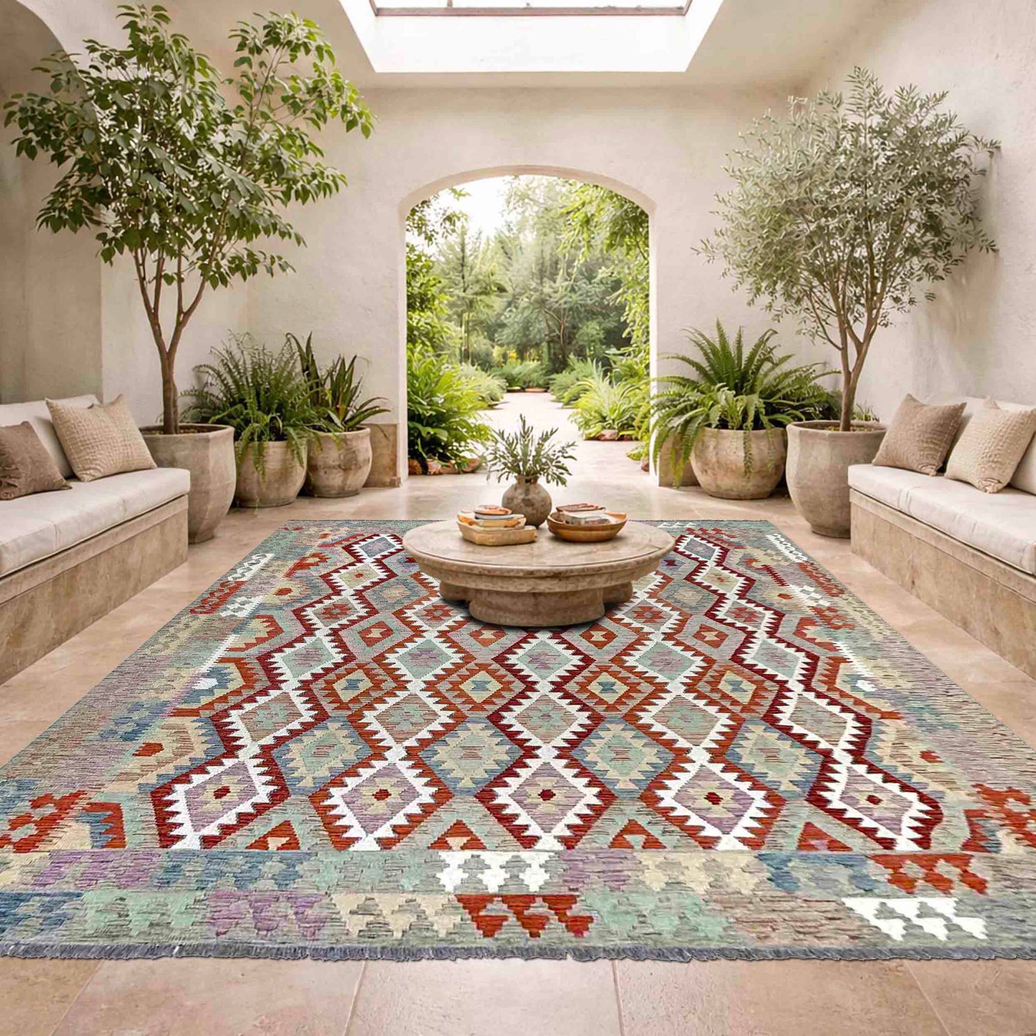Hand-Knotted Multi Geometric Vegetable Kilim Area Rug – 8' 4" x 9' 9" ft (254 x 296 cm) | SKU: R39765