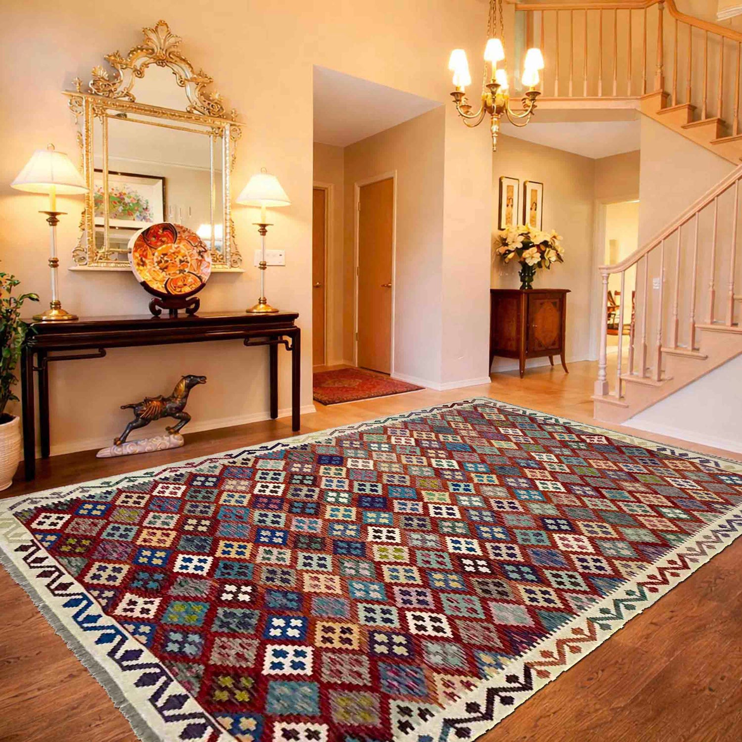 Colorful Flat-Weave Wool Kilim – 6' 7" x 9' 7" ft (200 x 293 cm) | SKU: R39769