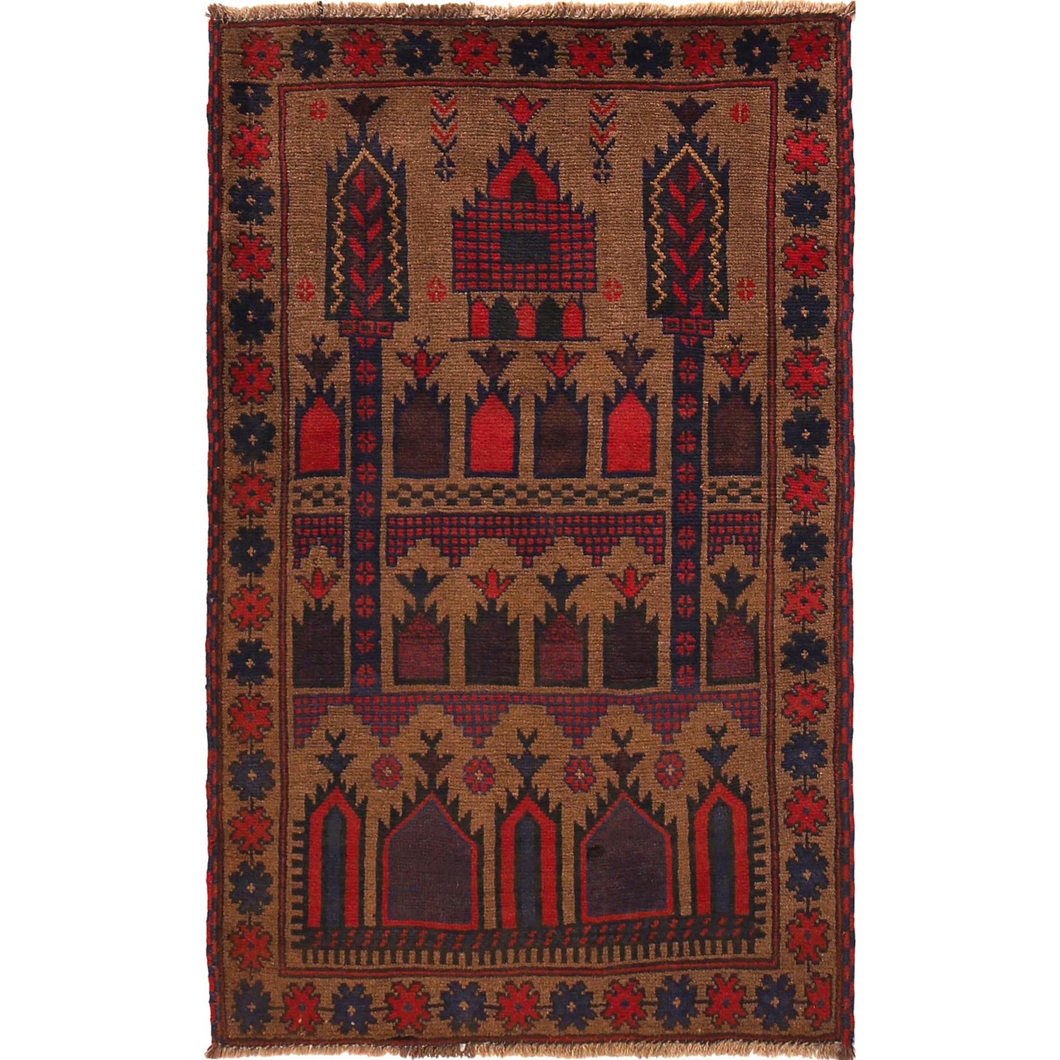 Baluchi Rug Handmade Brown Prayer Design 3x5 ft
