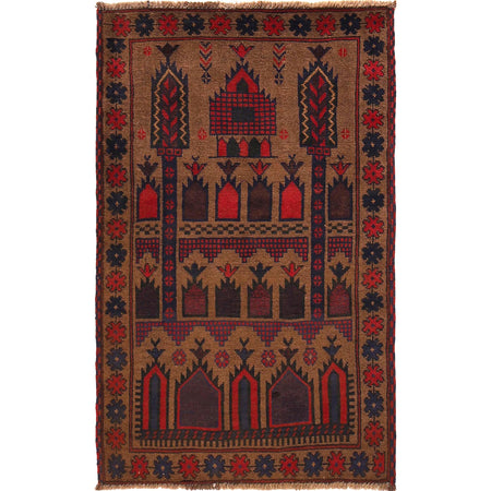 Baluchi Rug Handmade Brown Prayer Design 3x5 ft
