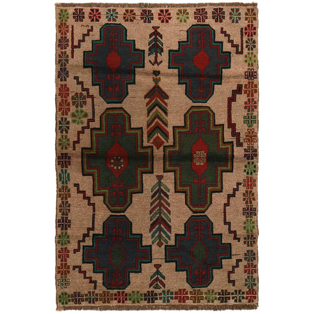Baluchi Rug Handmade Tan Floral 4x6 ft