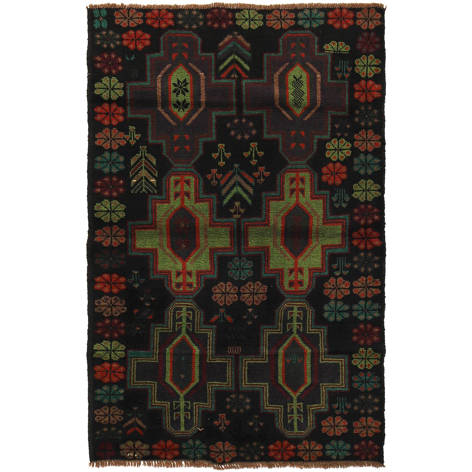 Baluchi Rug Handmade Black Floral 4x6 ft