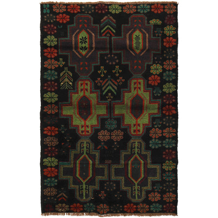 Baluchi Rug Handmade Black Floral 4x6 ft