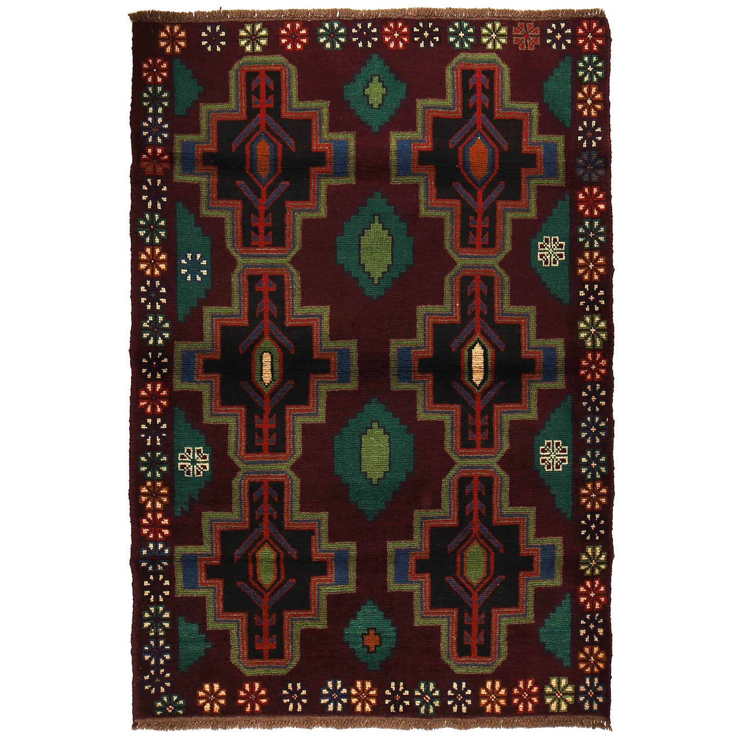 Baluchi Rug Handmade Dark Purple Floral 4x6 ft