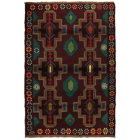Baluchi Rug Handmade Dark Purple Floral 4x6 ft