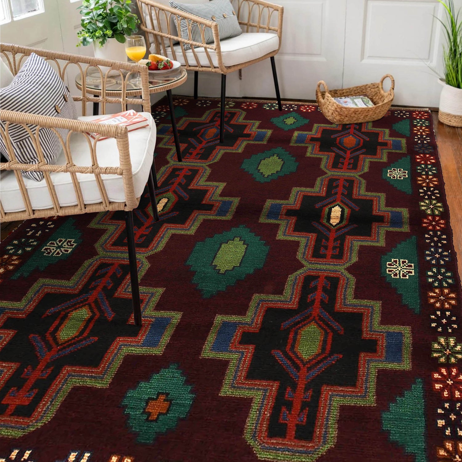 Baluchi Rug Handmade Dark Purple Floral 4x6 ft