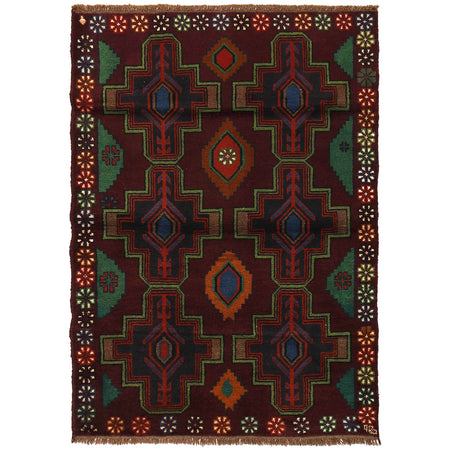 Baluchi Rug Handmade Dark Purple Floral 4x6 ft