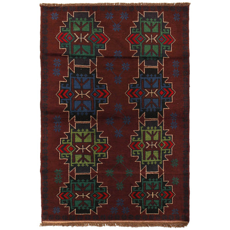 Baluchi Rug Handmade Dark Purple Geometric 4x6 ft