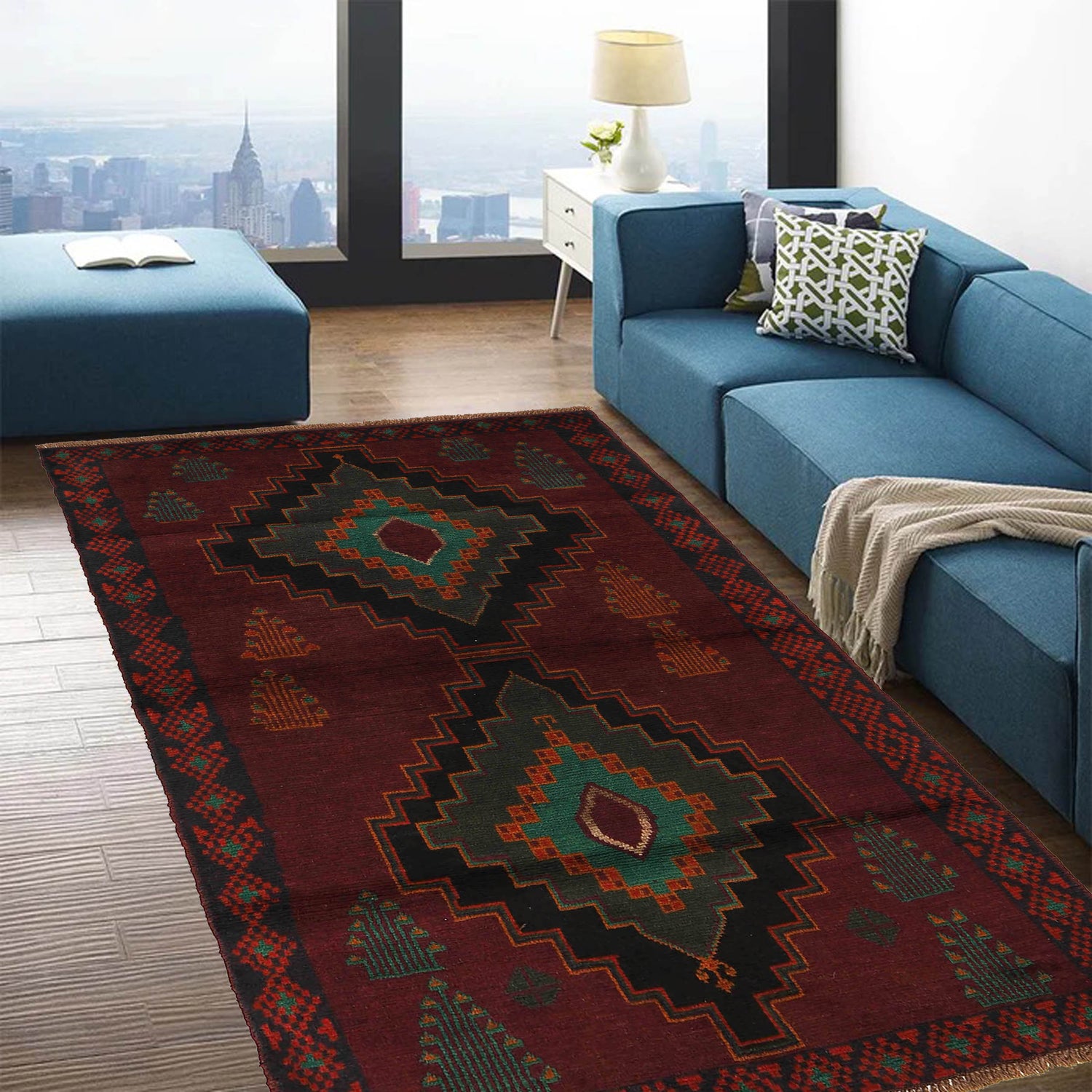 Baluchi Rug Handmade Dark Purple Geometric 4x6 ft