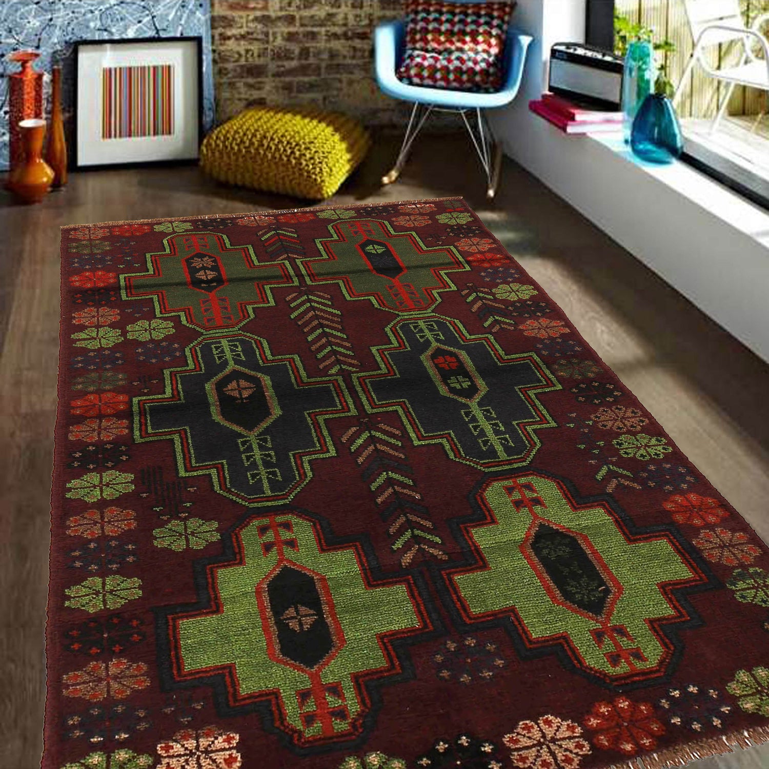 Baluchi Rug Handmade Dark Purple Geometric 4x6 ft