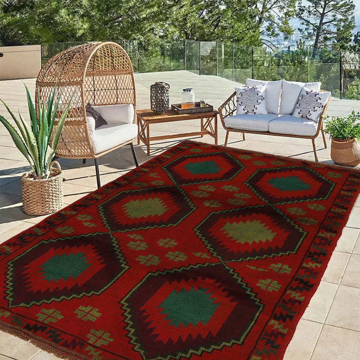 Baluchi Rug Handmade Red Geometric 4x6 ft