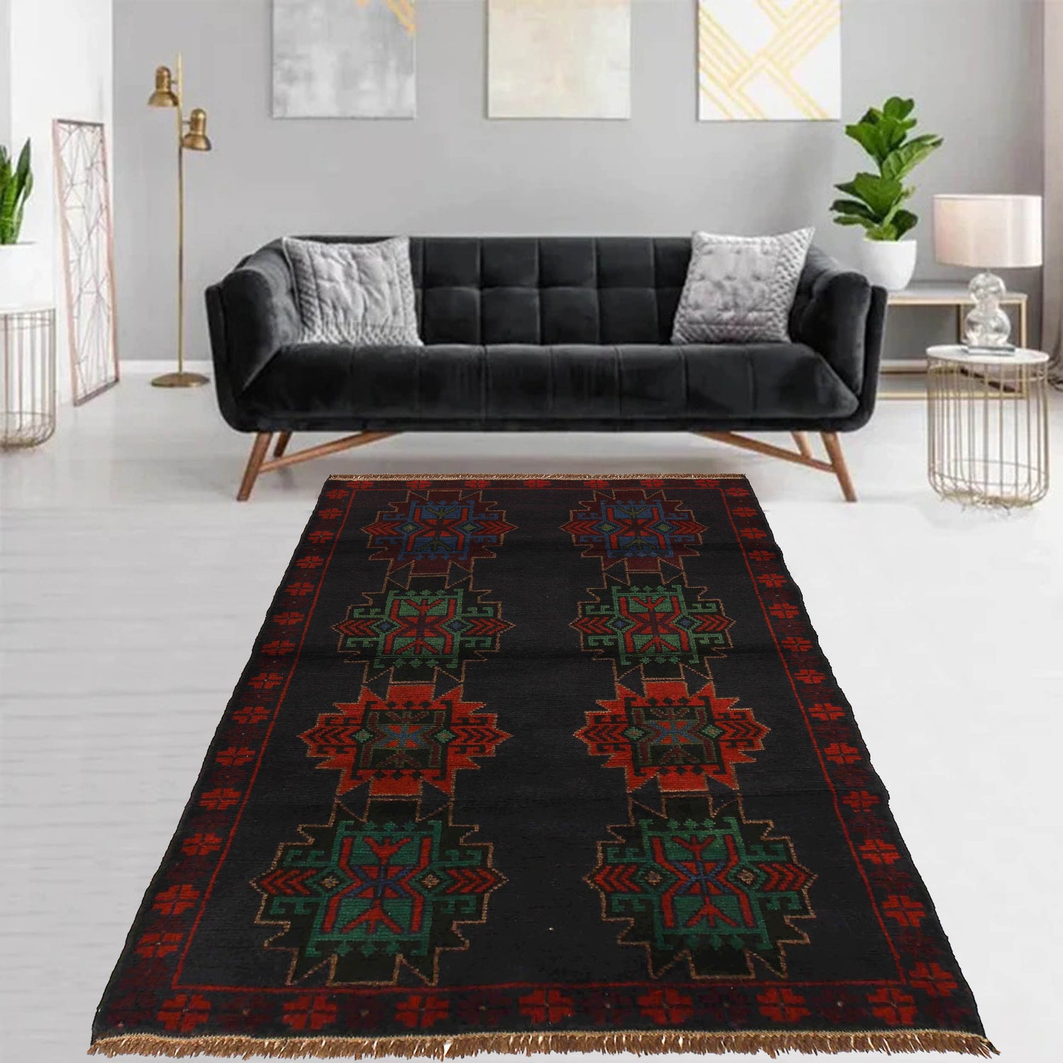 Baluchi Rug Handmade Dark Blue Geometric 4x6 ft