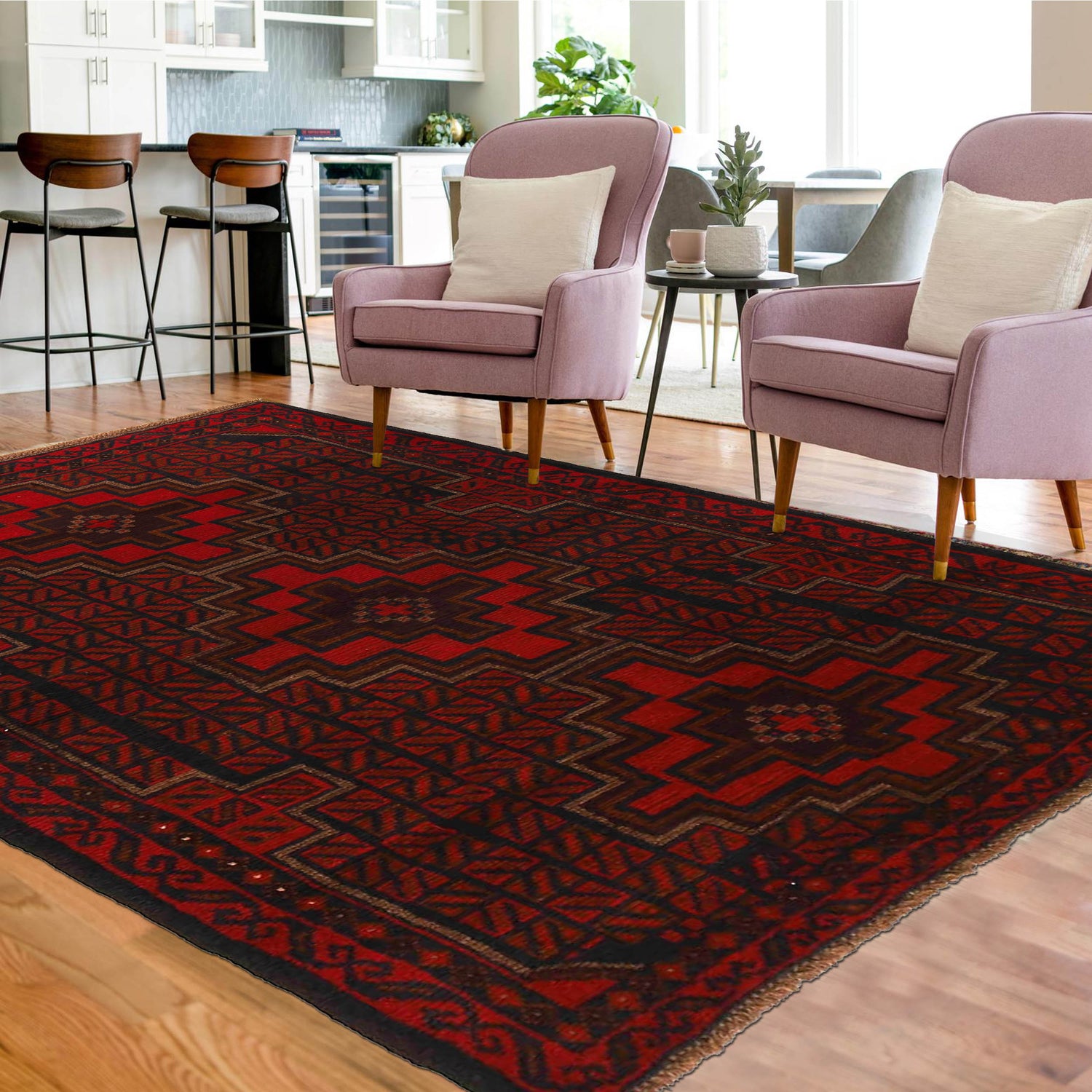 Baluchi Rug Handmade Red Geometric 4x6 ft