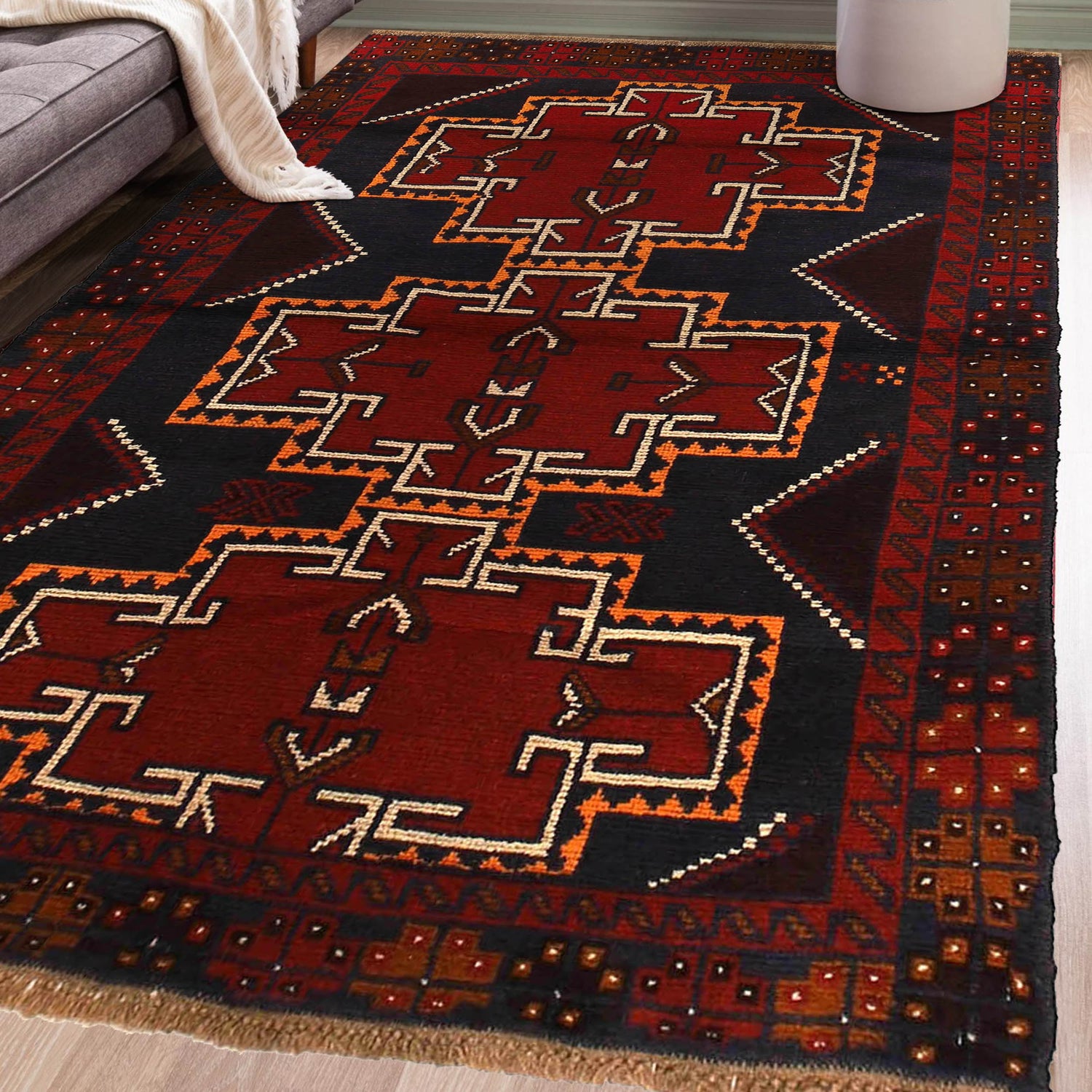 Baluchi Rug Handmade Dark Blue Geometric 4x6 ft