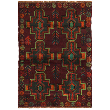 Baluchi Rug Handmade Dark Purple Geometric 4x6 ft