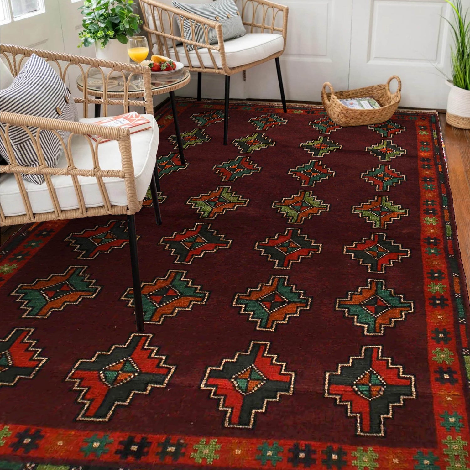 Baluchi Rug Handmade Dark Purple Geometric 4x6 ft