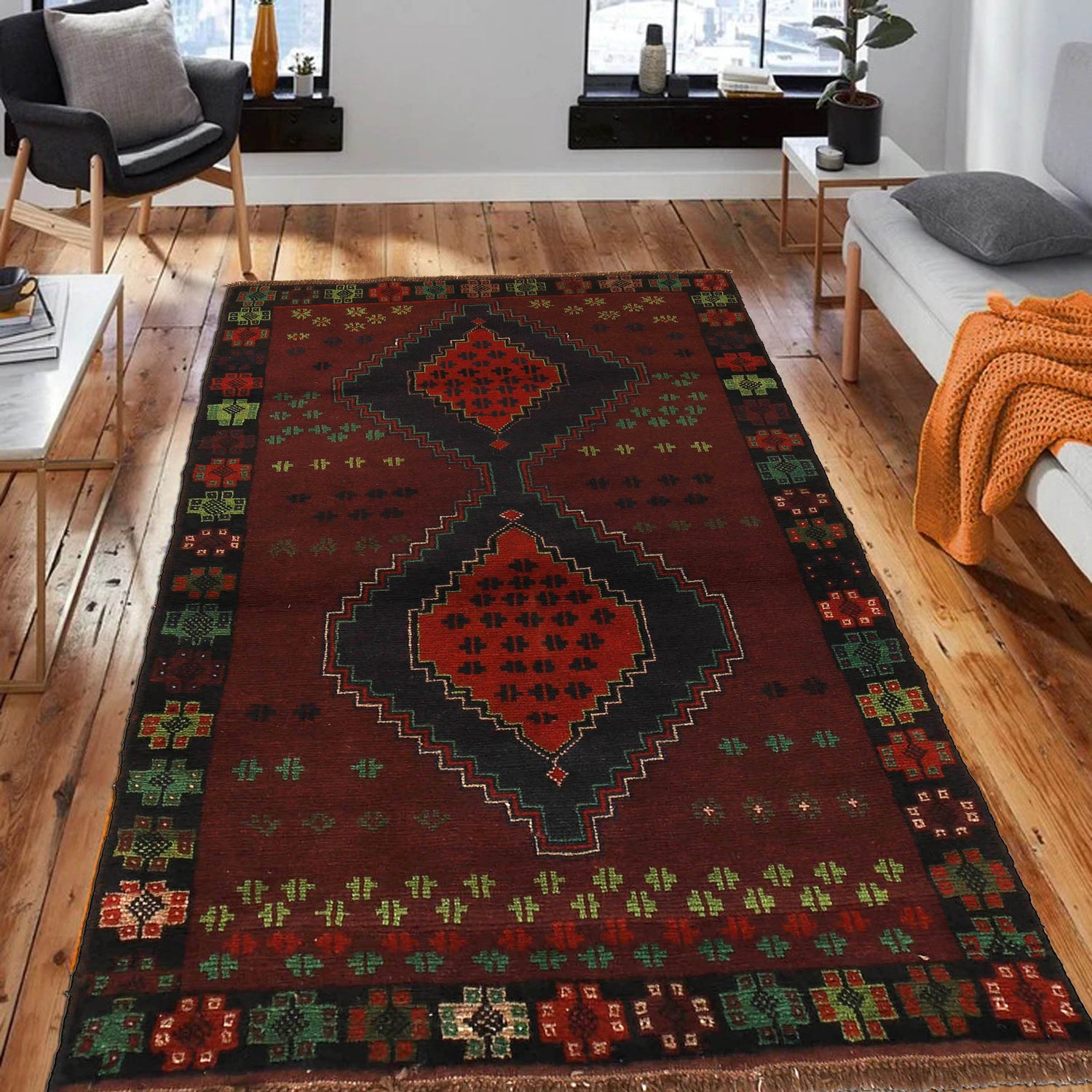 Baluchi Rug Handmade Dark Red Geometric 4x6 ft