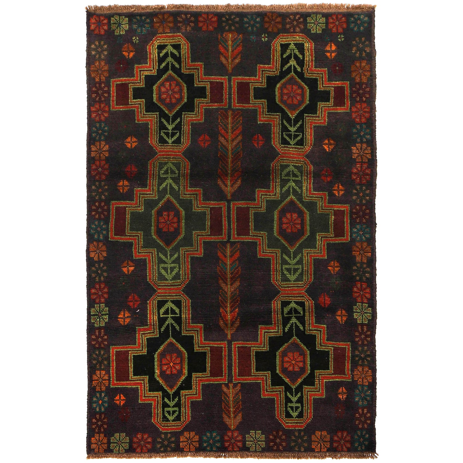 Baluchi Rug Handmade Black Geometric 4x6 ft
