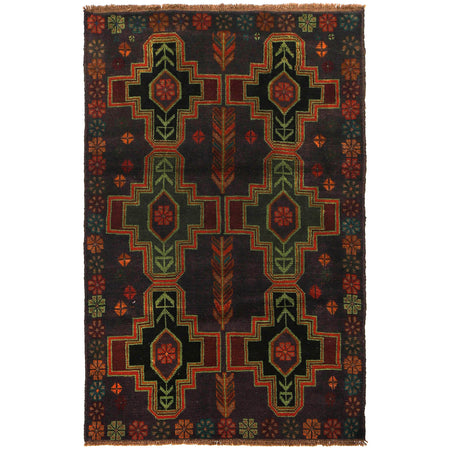 Baluchi Rug Handmade Black Geometric 4x6 ft